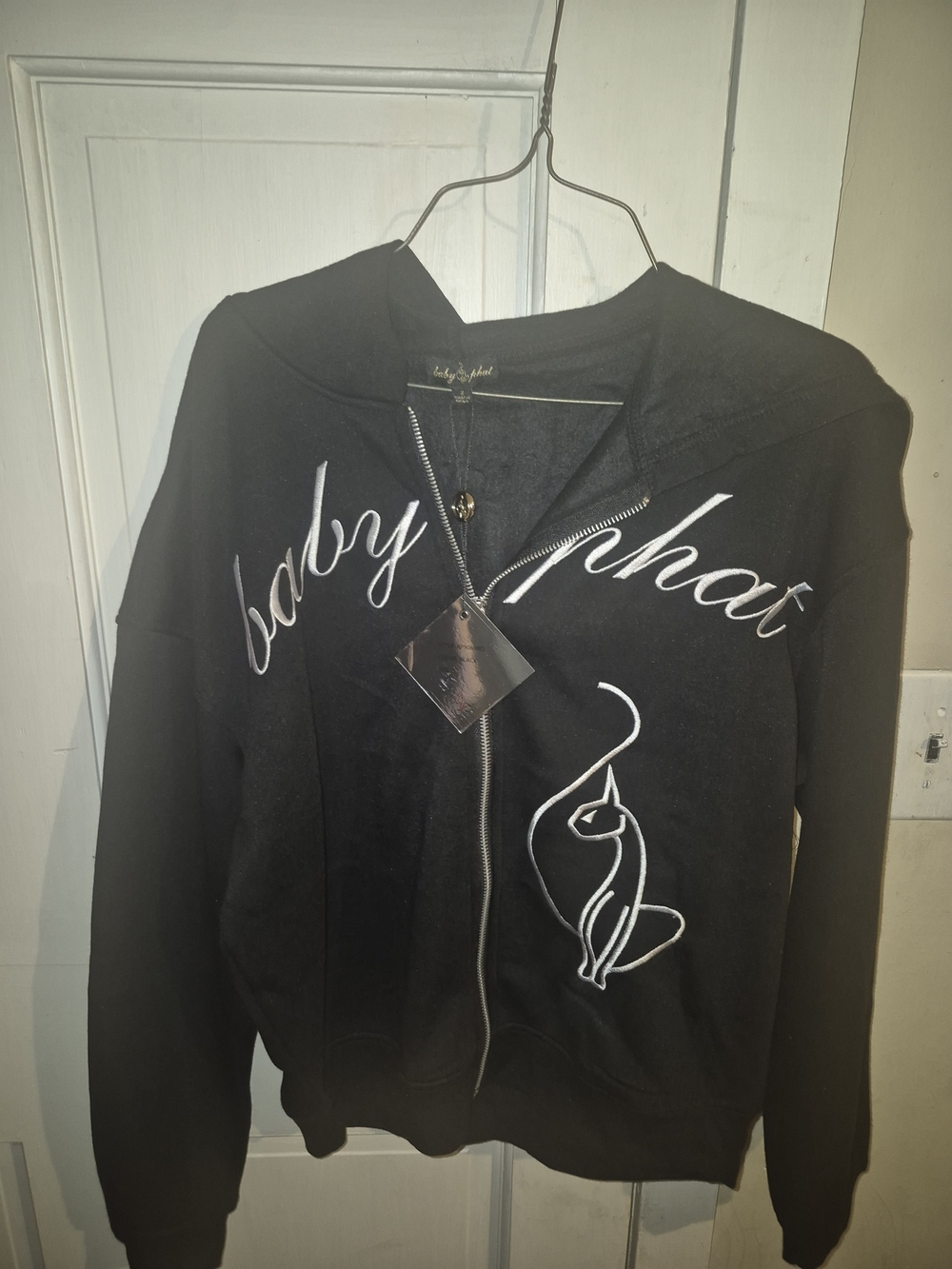 Baby Phat Black Zip-Up Bomber Jacket with White Script & Cat Motif